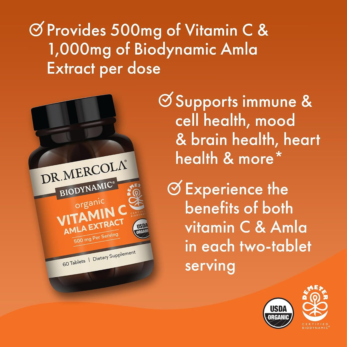 Dr. Mercola Biodynamic Organic Vitamin C Amla Extract, 30 Servings (60 Tablets), 500 mg Vitamin C, Food Supplement, Supports Normal Immune Function, Non-GMO - görsel 4