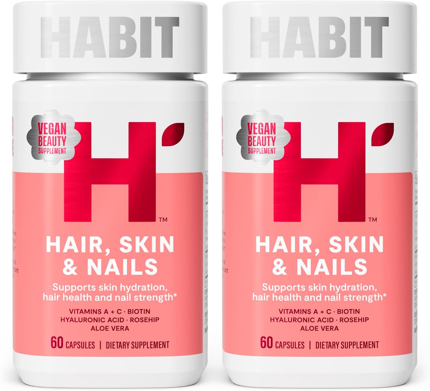 Habit Hair, Skin & Nails Supplement Twin Pack (120 Capsules) - New Look, Supports Skin Hydration, Hair & Nail Strength, Biotin 2000mcg, Vitamin A & C, Hyaluronic Acid, Rosehip, Vegan, Non-GMO - görsel 1