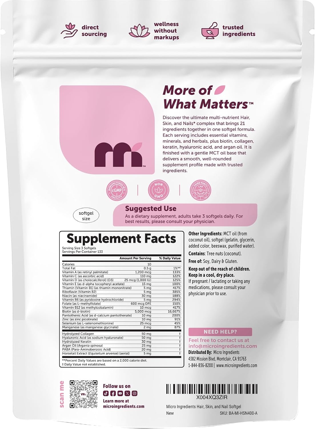 Micro Ingredients Hair, Skin and Nails Vitamins for Women & Men - 400 Soft gel capsules with MCT Oil, 21-in-1 Complex with Argan Oil, Hyaluronic Acid, Collagen, Keratin & Biotin - Non-GMO, Gluten-free - görsel 7