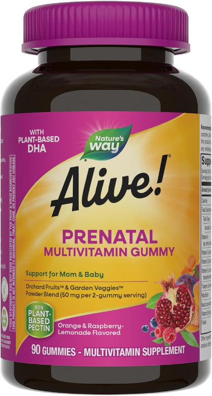 Nature's Way Alive! Gummy Prenatal Vitamins, 90 Gummies – Plant-Based DHA, Vegetarian, Gluten-free