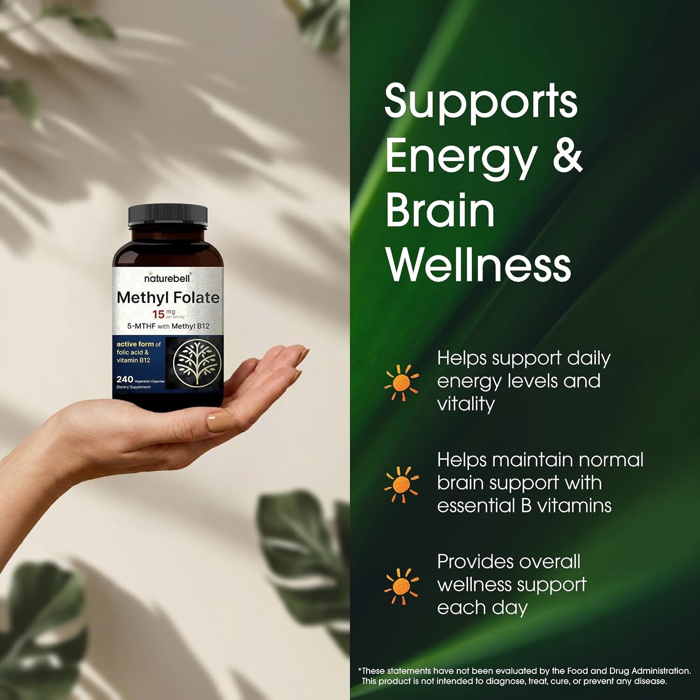 NatureBell Methyl Folate 15mg with Methyl B12 - 240 Capsules - L-Methylfolate & Vitamin B12 for Energy & Mood Support - görsel 4