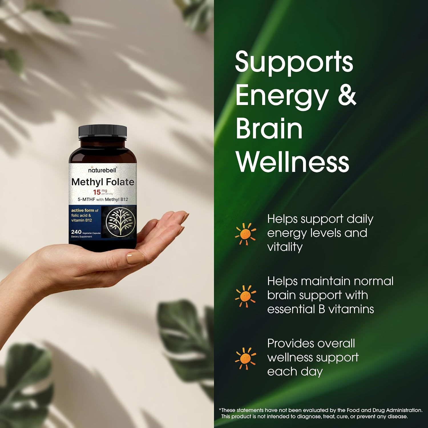 NatureBell Methyl Folate 15mg with Methyl B12 - 240 Capsules - L-Methylfolate & Vitamin B12 for Energy & Mood Support - görsel 4