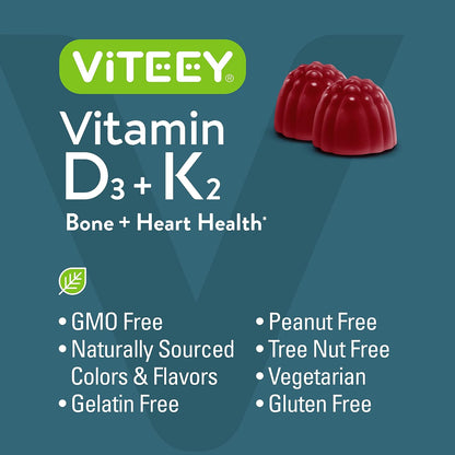 Viteey Vitamin D3 K2 Gummies - 1000 IU D3 + 100 μg K2, 60 Gummies