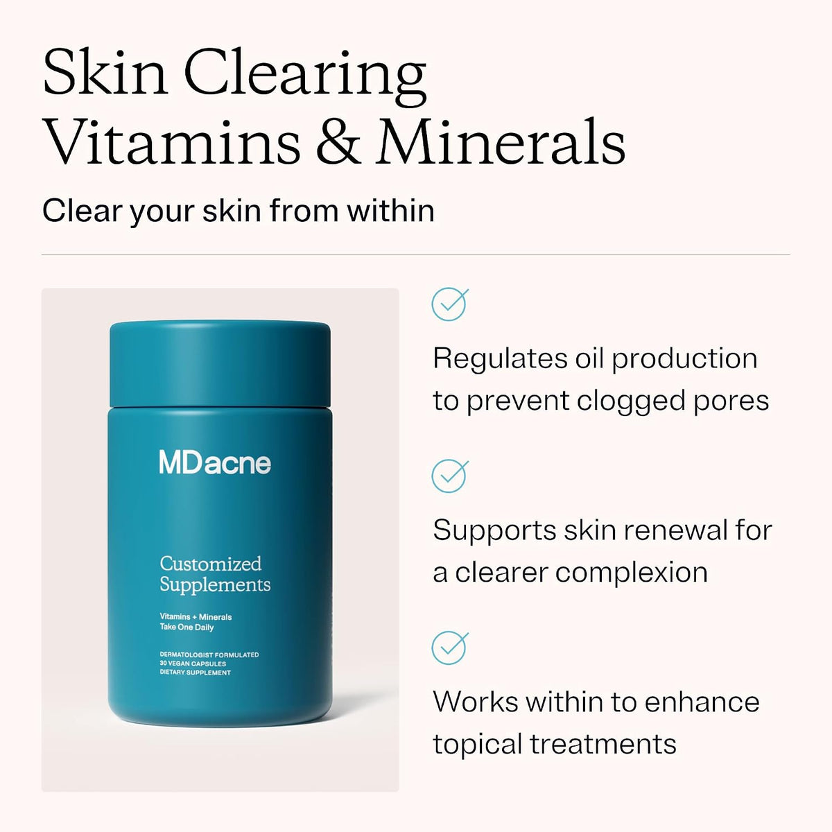 MDacne Skin Clearing Vitamins & Minerals Supplement - 30 Vegan Capsules - görsel 2
