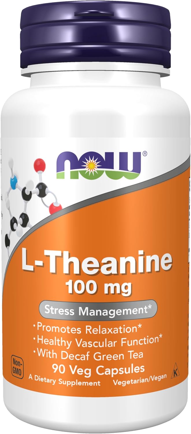 NOW Foods L-Theanine 100 mg with Decaf Green Tea, Stress Management*, 90 Veg Capsules - görsel 1