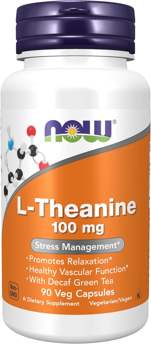 NOW Foods L-Theanine 100 mg with Decaf Green Tea, Stress Management*, 90 Veg Capsules