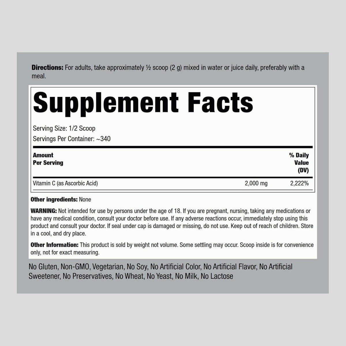 Piping Rock Vitamin C Powder | 2000mg | 24 oz | Water Soluble Crystals | as Ascorbic Acid | Vegetarian, Non-GMO, Gluten-free Supplement - görsel 2