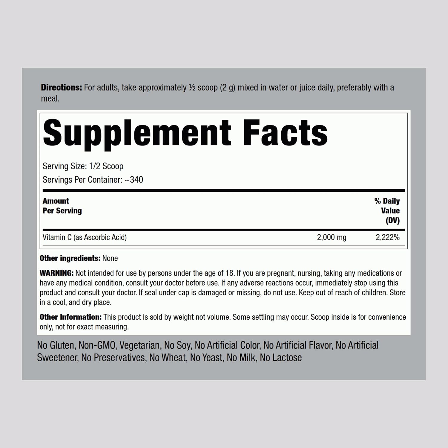 Piping Rock Vitamin C Powder | 2000mg | 24 oz | Water Soluble Crystals | as Ascorbic Acid | Vegetarian, Non-GMO, Gluten-free Supplement - görsel 2