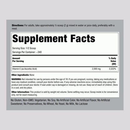 Piping Rock Vitamin C Powder | 2000mg | 24 oz | Water Soluble Crystals | as Ascorbic Acid | Vegetarian, Non-GMO, Gluten-free Supplement