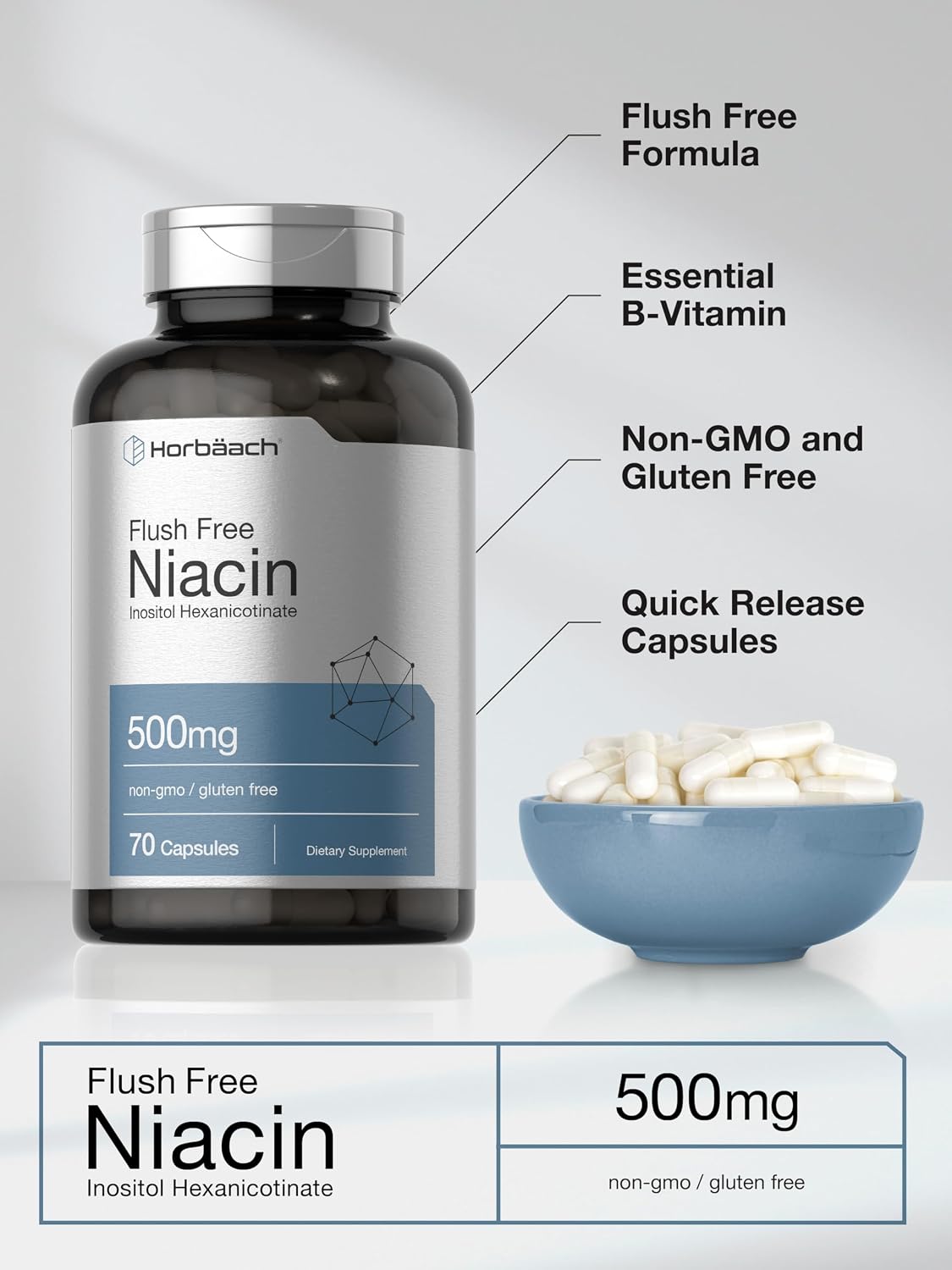 Horbaach Niacin 500mg Flush Free | 70 Capsules | Vitamin B3 Inositol Hexanicotinate | Non-GM and Gluten-free - görsel 4