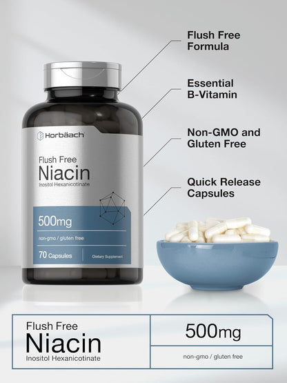 Horbaach Niacin 500mg Flush Free | 70 Capsules | Vitamin B3 Inositol Hexanicotinate | Non-GM and Gluten-free