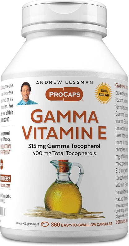 ANDREW LESSMAN Gamma Vitamin E 360 Softgels - 315 mg Gamma Tocopherol, Protective Vitamin E. Four Forms of Natural Tocopherols with Ahiflower Oil. Powerful Antioxidant. No Synthetic Forms