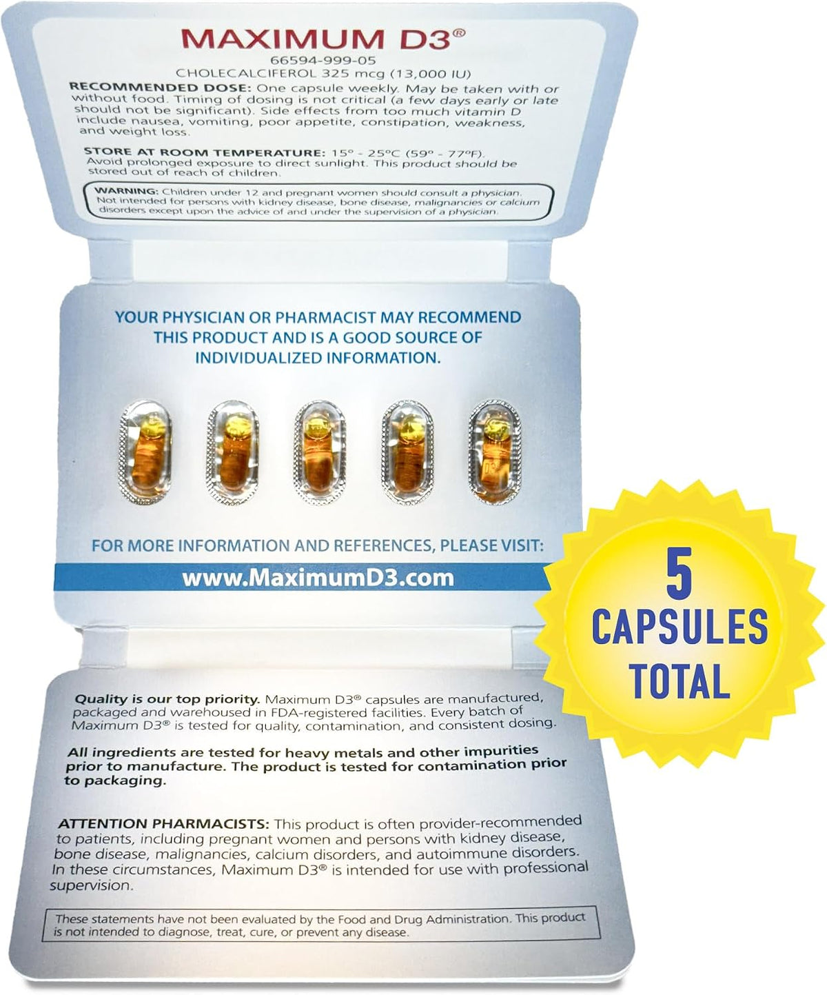 Maximum D3 13,000 IU Vitamin D3 Supplement – 5 Capsules (5-Week Supply) - görsel 2