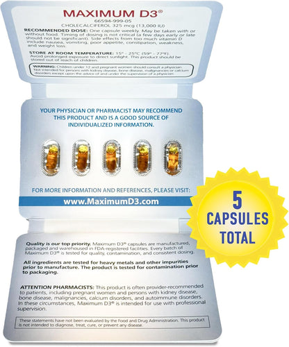Maximum D3 13,000 IU Vitamin D3 Supplement – 5 Capsules (5-Week Supply)