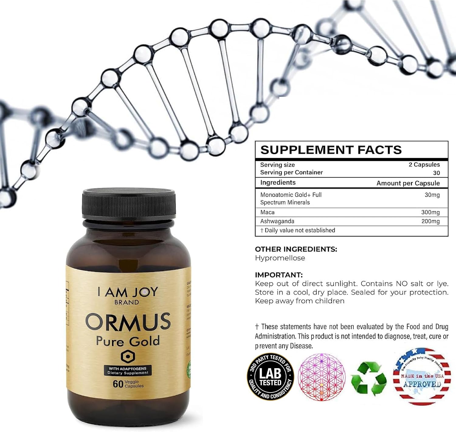 I Am Joy co. Ormus Gold Capsules - Monoatomic Elements with Adaptogens Maca and Ashwagandha, 60 Vegan Capsules - görsel 2