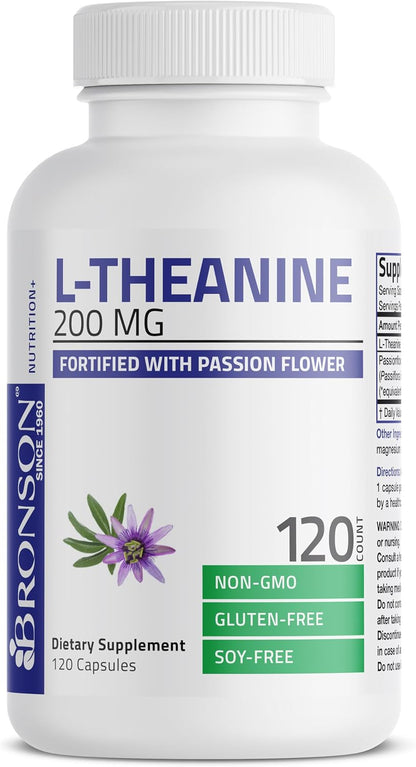 Bronson L-Theanine 200mg Double Strength with Passion Flower, 120 Capsules