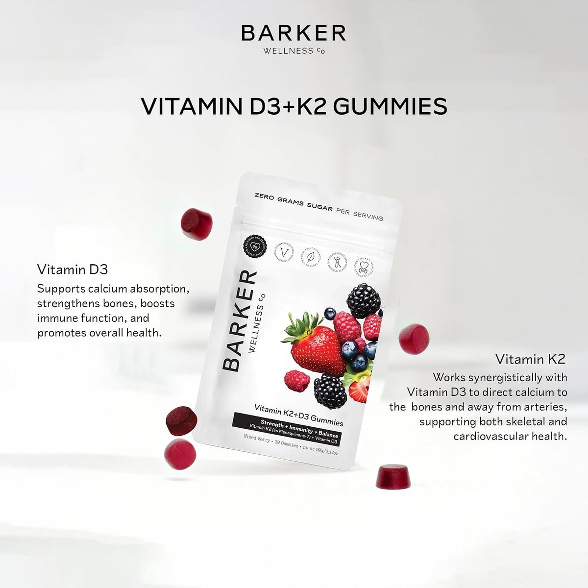 Barker Wellness D3 K2 Vitamin Gummies – Max Potency: 6000 IU D3 + 200 mcg K2 for Strong Bones, Heart Health and Immune Support | Vegan, Sugar-Free, Delicious Mixed Berry Flavour | 30 Servings - görsel 6