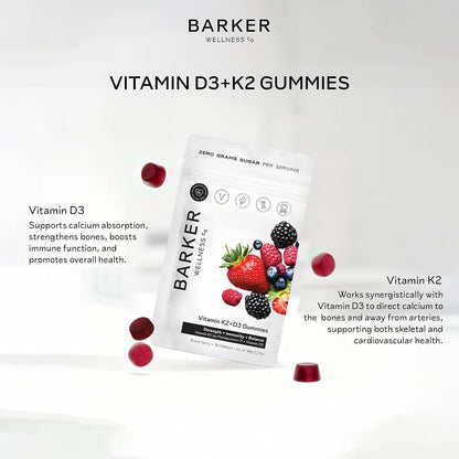 Barker Wellness D3 K2 Vitamin Gummies – Max Potency: 6000 IU D3 + 200 mcg K2 for Strong Bones, Heart Health and Immune Support | Vegan, Sugar-Free, Delicious Mixed Berry Flavour | 30 Servings