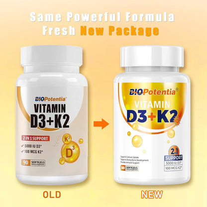 BIO POTENTIA Vitamin D3 K2 with MCT Oil - 5000 IU D3 & 100mcg K2 (MK-7) - Bone, Teeth & Immune Support - Non-GMO, Gluten-free - 60 Soft gel capsules