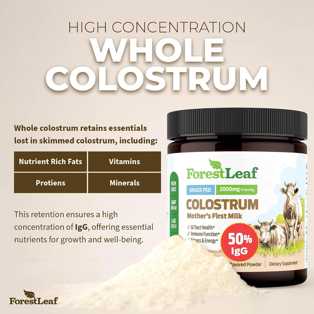 ForestLeaf Colostrum Powder - 50% IgG, Grass-Fed, Unflavoured (45 Servings) - görsel 2