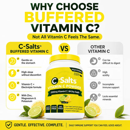 C-Salts Buffered Vitamin C Powder | Pure Organic, Stomach-Friendly Ascorbic Acid | Vegan, Non-GMO, Sugar Free | 84 Servings Lemon & Lime, 227 g