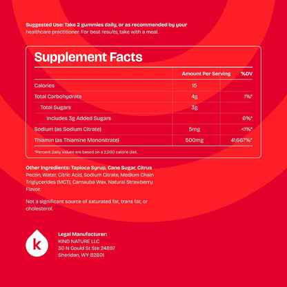 kindnature Vitamin B1 Gummies 500mg – High Potency Thiamine Supplement for Energy, Focus & Nervous System – Vegan, Non-GMO Chewable B1 Vitamins for Adults & Kids – Natural Strawberry Flavour – 60 Ct