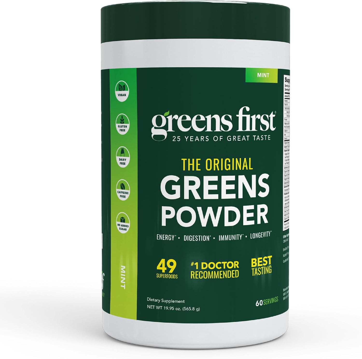 Greens First Original Greens Powder - 49 Superfoods - Organic Fruits & Veggies - Prebiotics, Probiotics & Digestive Enzymes - Antioxidant Smoothie - Dairy-Free, Vegan & Non-GM (Mint, 60 Servings) - görsel 1