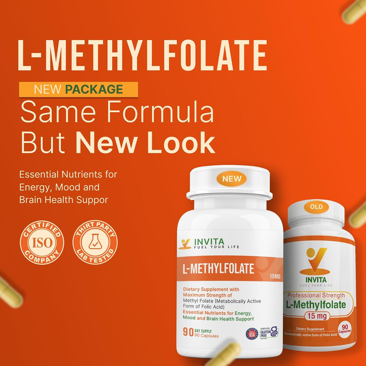 INVITA L-Methylfolate 15mg – Physician Formulated Active Methyl Folate - 5-MTHF Supplement for Energy, Mood & Brain Health Support - Non GMO, Gluten-free, 90 Capsules (3 Month Supply) - görsel 2