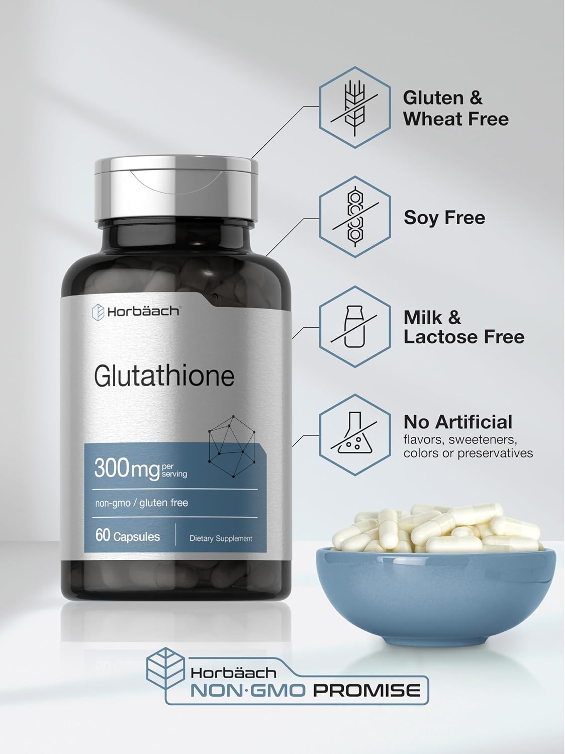 Horbäach Glutathione 300mg | 60 Capsules | Reduced Form | Non-GMO & Gluten-free Food Supplement - görsel 5