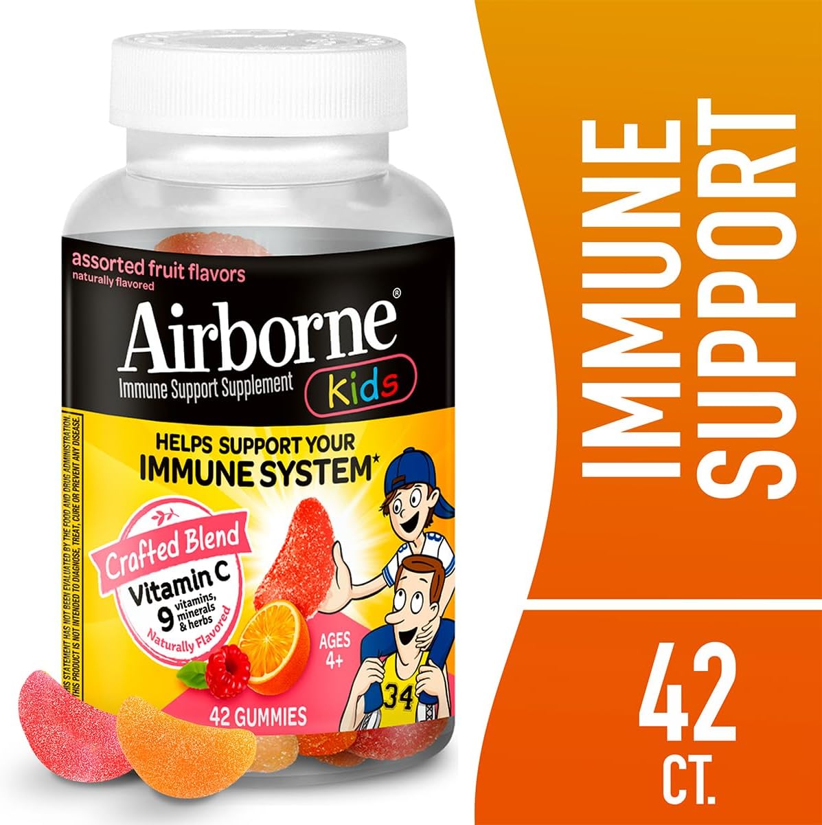 Airborne 500mg Vitamin C + Zinc Immune Support Gummies for Kids, Assorted Fruit Flavours, Gluten-free, 42 Gummies (6 Pack) - görsel 2