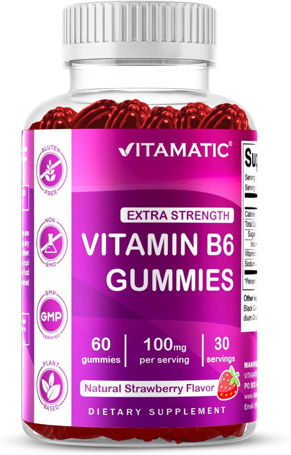 Vitamatic Vitamin B6 100mg Gummies – Natural Strawberry Flavour – 2 Pack (60 Gummies per Bottle) - görsel 10