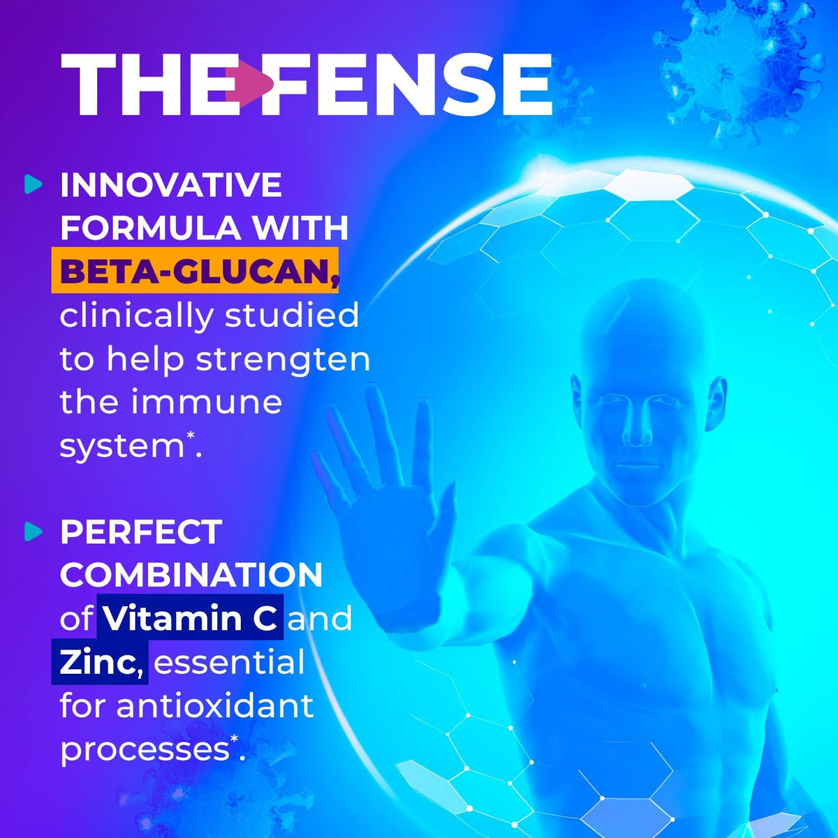THE-FENSE Beta Glucan, Vitamin C and Zinc Supplement Capsules – Immune Support Booster for Women and Men – Free from Gluten and Lactose, Non-GMO – 60 Capsules - görsel 2