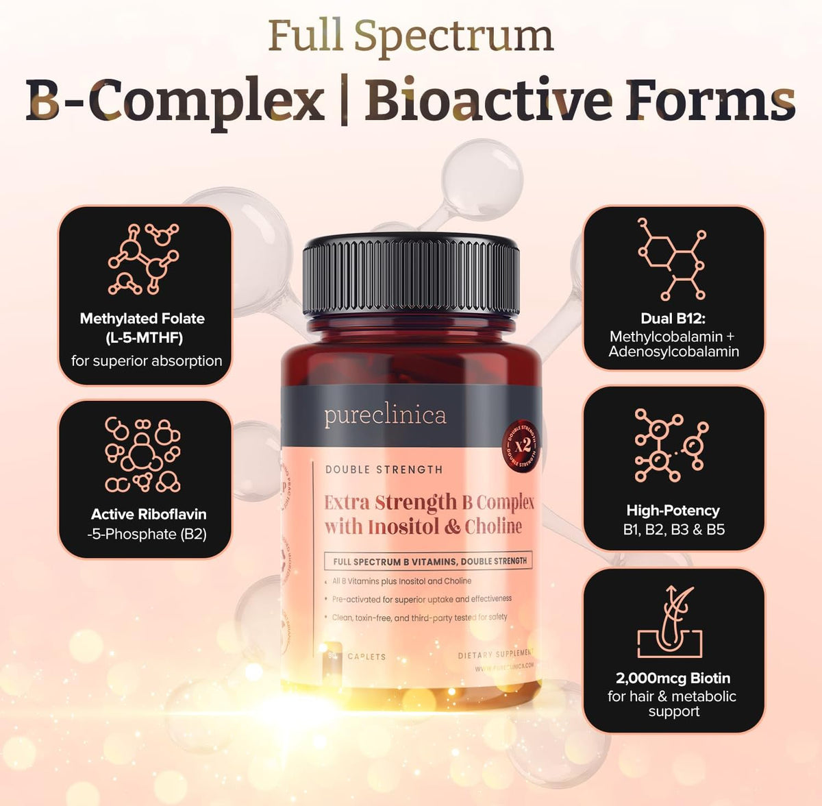 pureclinica Extra Strength B Complex with Inositol & Choline – High-Potency B Vitamins for Energy, Brain & Nerve Support – 90 Caplets (3 Months Supply) - görsel 3