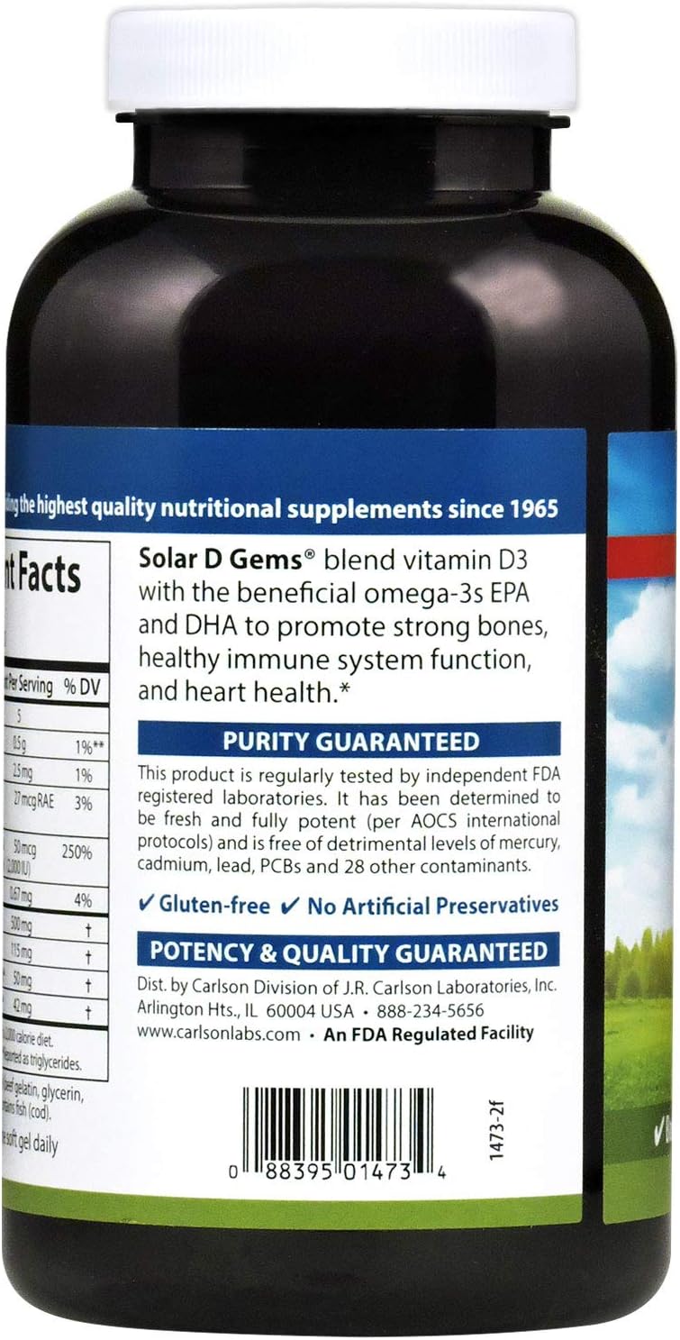 Carlson Solar D Gems - Vitamin D3 and Omega-3 Food Supplement, 2000 IU D3, 115 mg Omega-3s, Lemon Flavour, 360 Softgels - görsel 3