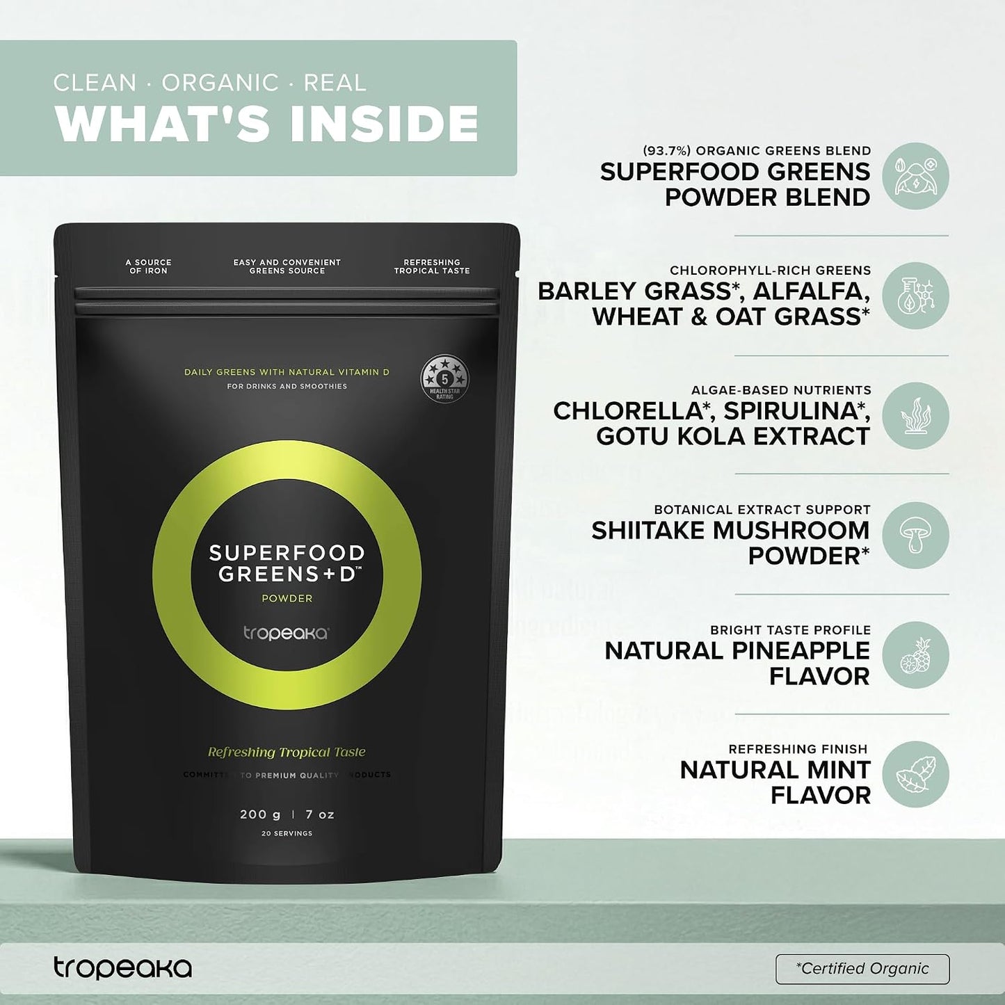 Tropeaka Superfood Greens + D – Organic Superfood Powder with Vitamin D for Energy, Immunity & Digestive Health - görsel 4