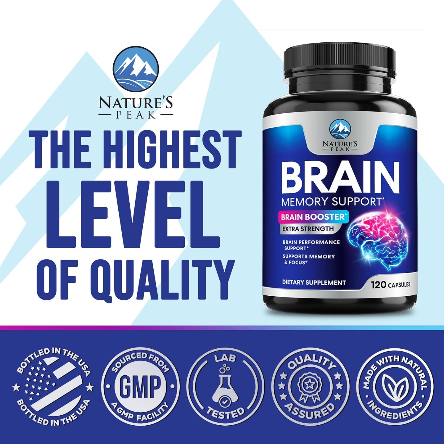 Nature's Peak Brain Memory Supplement - 3X Strength Nootropics for Concentration, Clarity & Focus Support - 120 Capsules - görsel 4
