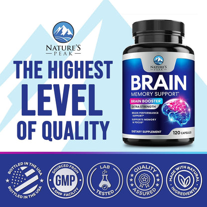 Nature's Peak Brain Memory Supplement - 3X Strength Nootropics for Concentration, Clarity & Focus Support - 120 Capsules