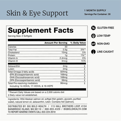 BIG BOLD HEALTH Skin & Eye Support - Omega-3 Complex with Alaskan Salmon Oil, DHA, Astaxanthin & Lutein for Healthy Eyes & Skin - 60 Softgels