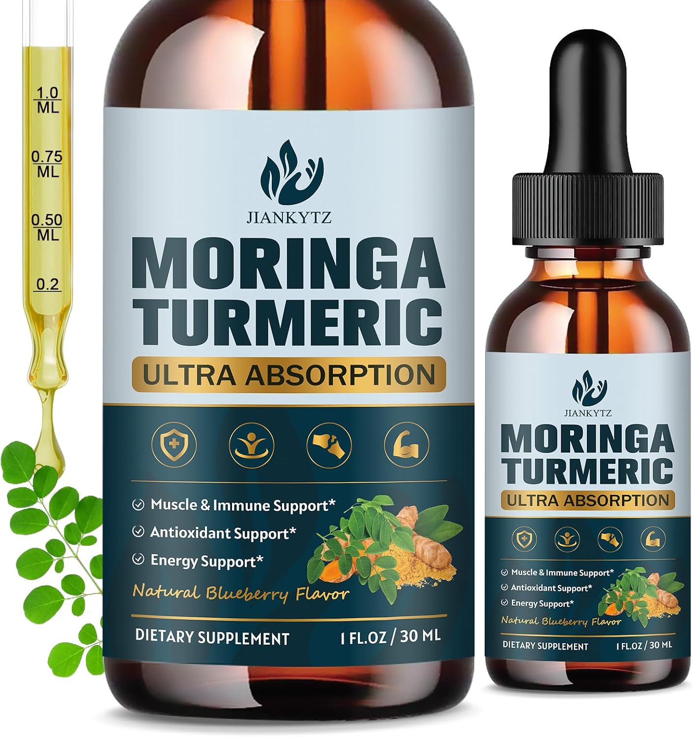 (2 Pack) Organic Moringa Leaf Extract Liquid Drops with Turmeric, Boswellia – Energy, Antioxidant, Skin & Immune Support – Vegan, Sugar-Free, 30 ml - görsel 1