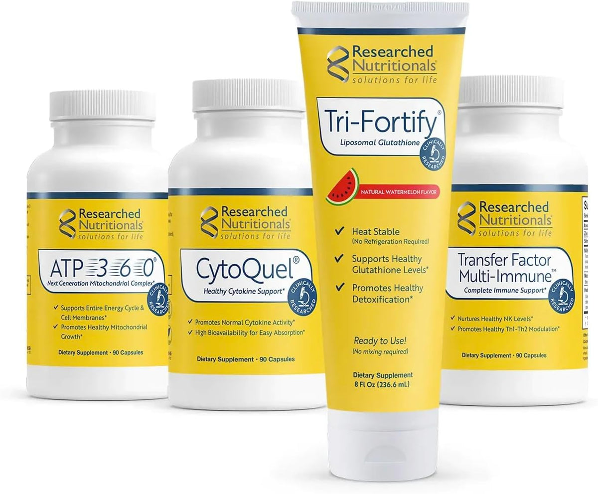 Researched Nutritionals Foundation Kit - Tri-Fortify Liposomal Glutathione (450mg) Watermelon Flavour, Transfer-Factor Multi Immune, ATP 360 & CytoQuel - görsel 1
