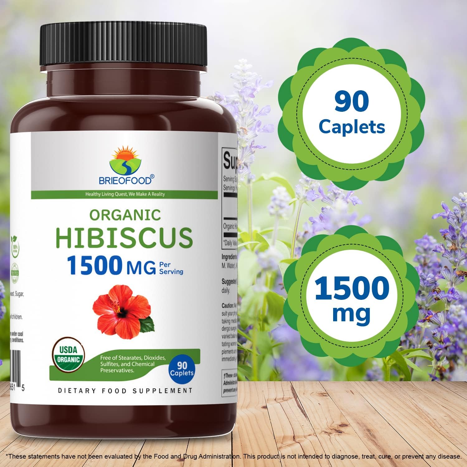 Organic Hibiscus 1500mg, 45 Servings, Vegetarian, Gluten-free, 90 Vegetarian Tablets - görsel 6