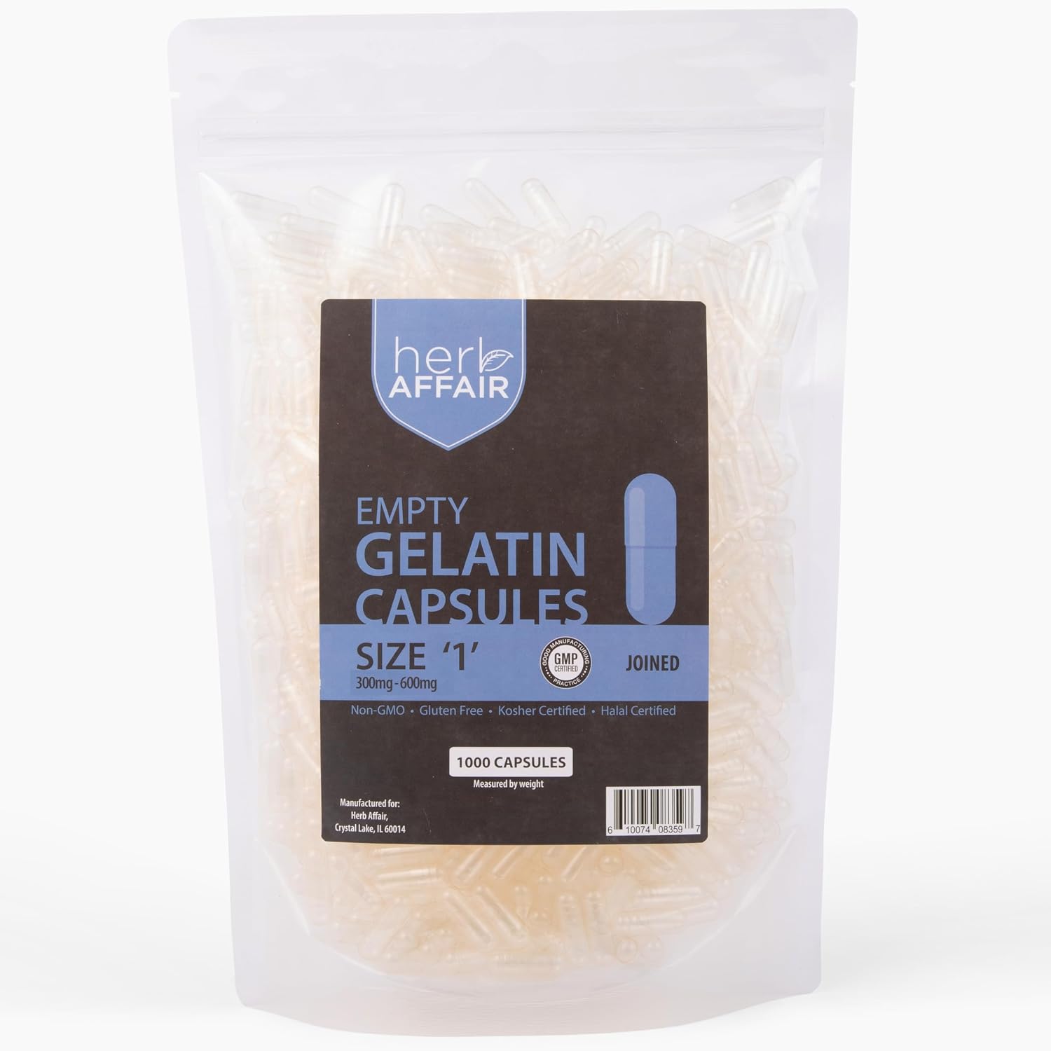 Herb Affair Clear Empty Gelatin Capsules Size 1 - 1000 Count – Holds 300-600mg - görsel 1