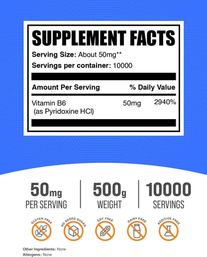BulkSupplements.com Pyridoxine HCl Powder - Vitamin B6 Supplement, 50mg per Serving, 500g