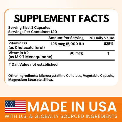 VITBOOST Vitamin D3 K2 Complex - 5000 IU D3 & 90 mcg K2 MK-7 - 120 Capsules