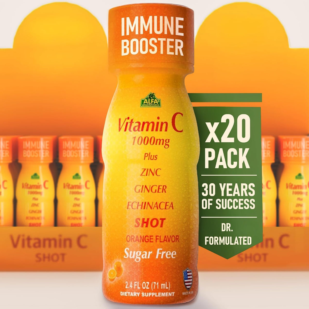 ALFA VITAMINS Vitamin C Shot 1000mg with Zinc, Ginger & Echinacea – Orange Flavour – 20 Pack - görsel 1