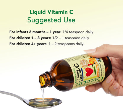 CHILDLIFE ESSENTIALS Liquid Vitamin C - Pure Vitamin C Liquid Supplement for Kids, Toddlers, & Babies, Immune System Support, Low Sugar, Natural Orange Flavour - 118 ml (Pack of 2)