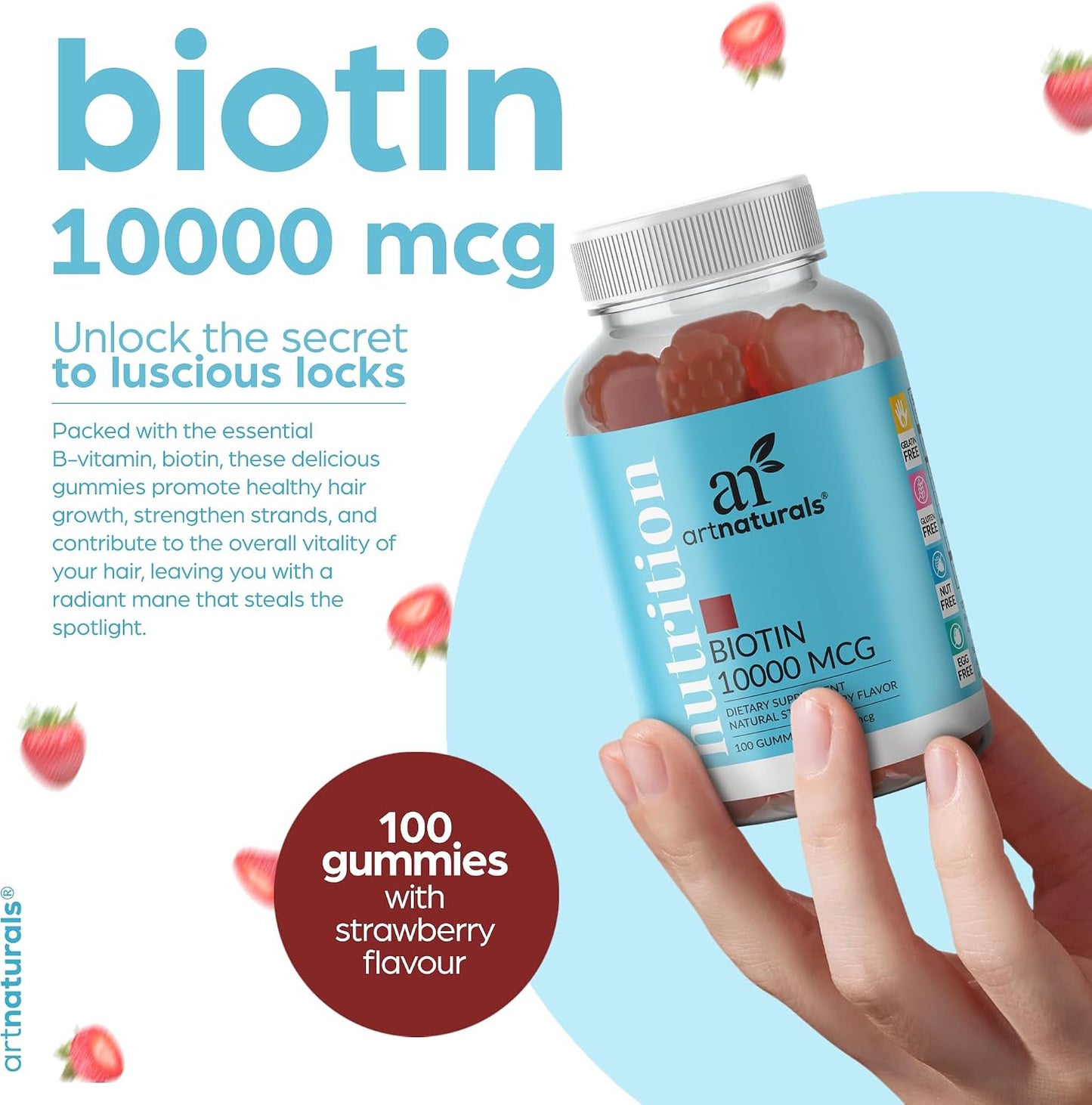 Artnaturals Biotin Gummies – 10,000mcg for Hair, Skin & Nails – Natural Strawberry – 100 Gummies - görsel 2