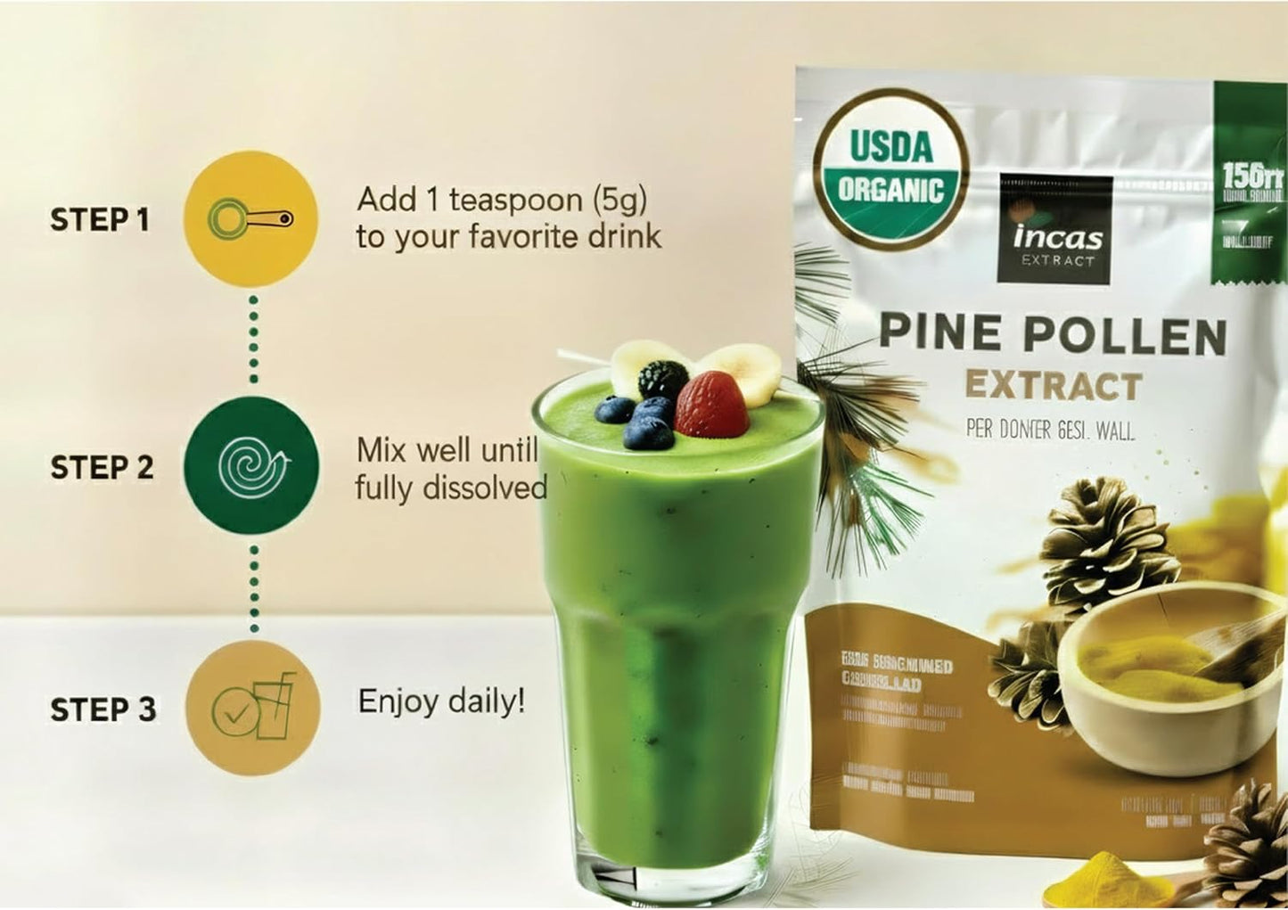 INCAS 100% USDA Organic Pine Pollen Powder - 6 oz (170 g), Non-GMO, Cracked Cell Wall, Wild Harvested - görsel 5
