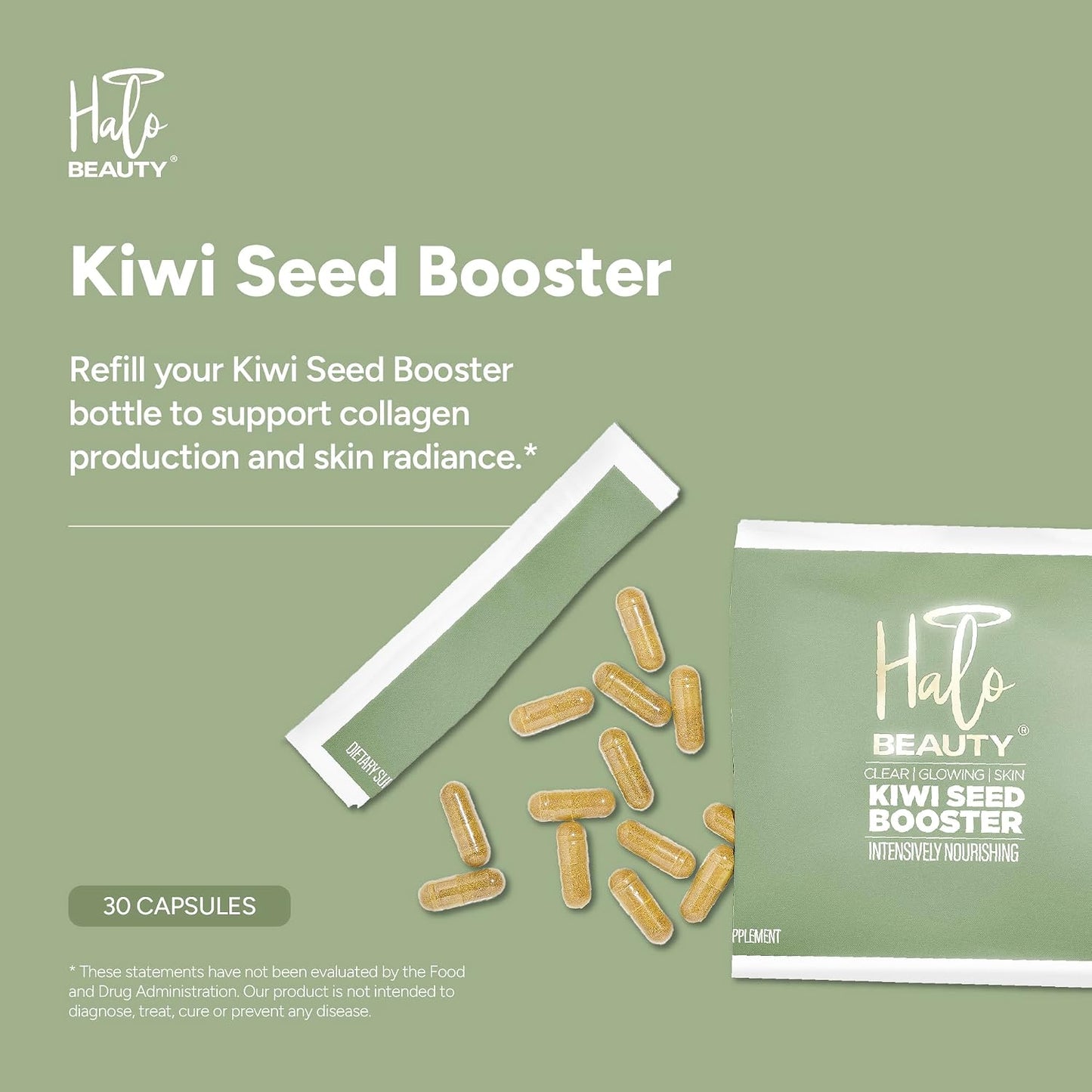 Halo Beauty Kiwi Seed Booster Skin Supplement Refill Pack | Anti-Ageing Hydration & Glowing Skin Support with Kiwi Seed, Vitamin C, D3 & Zinc | Vegan Collagen Support Capsules | 1-Month Supply - görsel 2