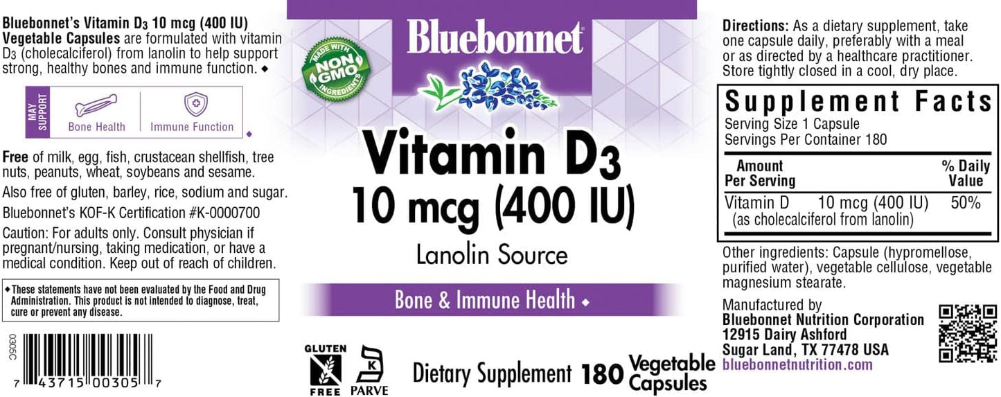 Bluebonnet Nutrition Vitamin D3 400 IU - Vegetable Capsules, 180 Capsules - görsel 6